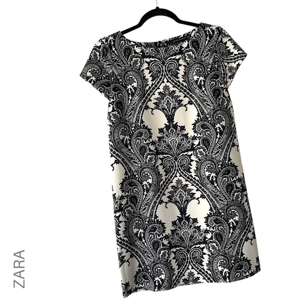 ZARA WOMAN NWOT BLACK & WHITE PAISLEY VICTORIAN PRINT DRESS SHORT SLEEVE | XS
